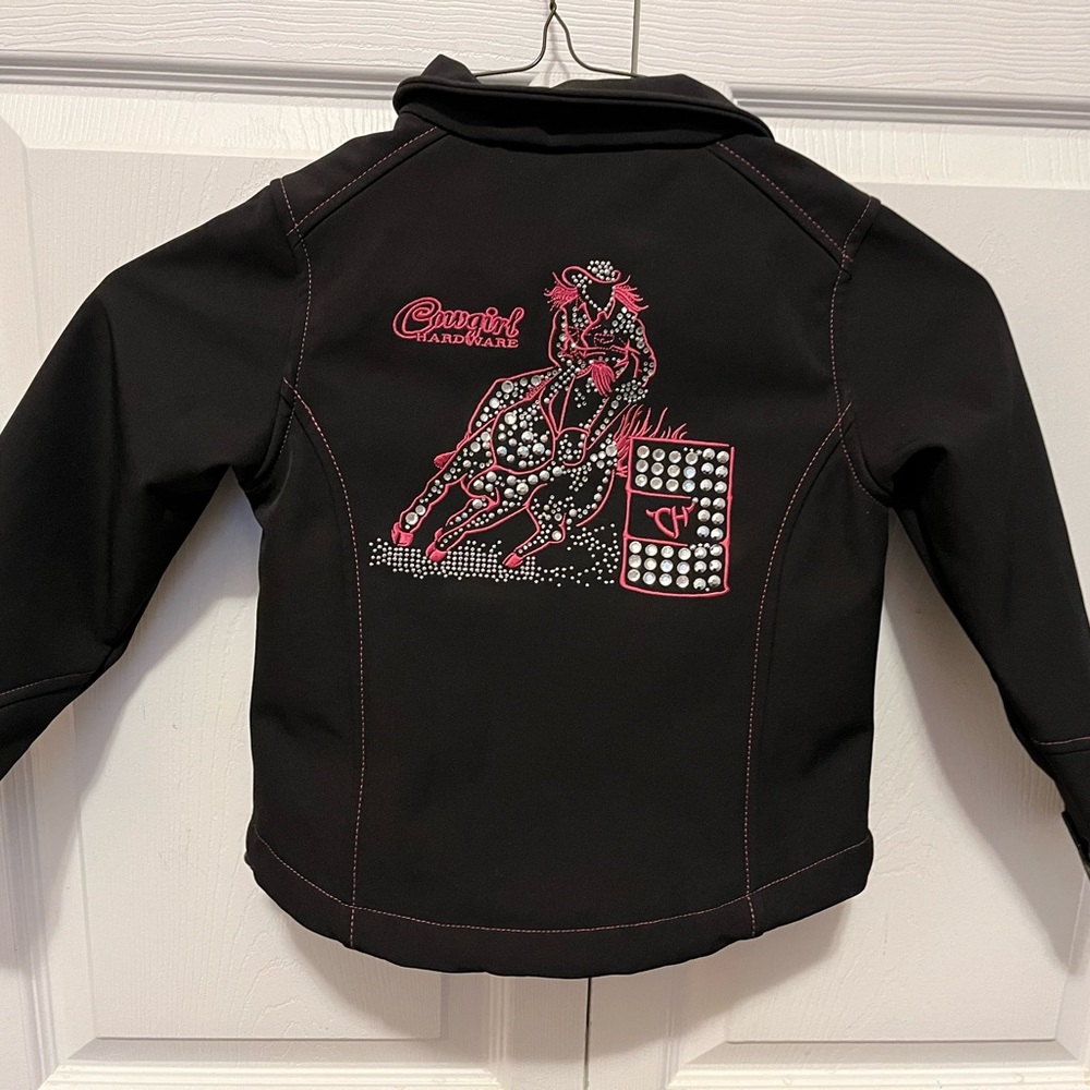 Cowgirl Hardware black soft shell girls jacket barrel racer on the back.